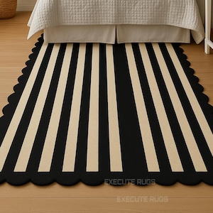 Hand-Tufted Wool Rug: Black and Cream Vertical Stripe with Scalloped Edge