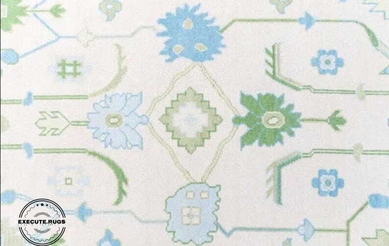 Handmade 9x12 Modern Oushak Rug With Sea Blue Border Olive Green Accent