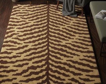 Beige and Dark Brown Hand Tufted Wool Rug – Zebra Pattern Area Rug, Modern Animal Print Carpet, Bold Contemporary Living Room Decor Rugs
