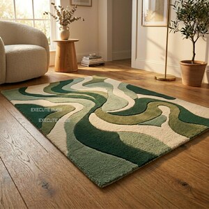 Tappeto in lana trapuntato a mano verde smeraldo, tappeto moderno astratto a onde, tappeto scandinavo organico, tappeto personalizzato per soggiorno 5x8 8x10 9x12