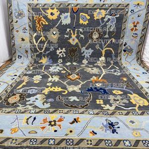 Handmade Turkish GREY Oushak Rug – Blue Border & Colorful Rug For Living Room, Bedroom, Kids Room, Hallway Custom 9X12,10X14 Large Size Rugs