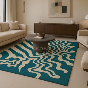 Teal Wool Rug: Cream Melting Design, Hand-Tufted Area Carpet