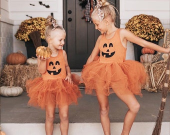 Toddler Girl Pumpkin Dress, Kids Party Halloween Costumes, Spooky Funny Pumpkin Tank Top Tulle Tutu Gown, Trick or Treat Baby Fall Outfit