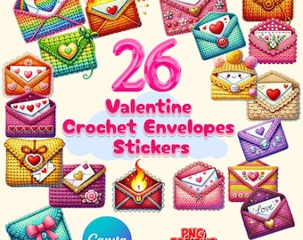 Pegatinas de sobre de ganchillo para San Valentín / 26 diseños hechos a mano (Canva editable + PDF)