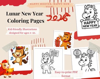 Páginas para colorear del Año Nuevo Chino - Actividad infantil del Año del Caballo (PDF)