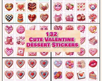 132 pegatinas de galletas de San Valentín / Postres imprimibles y editables PNG, PDF, SVG (Plantilla de Canva para descarga digital)