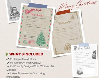 Paquete de 80 cartas navideñas únicas para Papá Noel / Cartas navideñas imprimibles (descarga instantánea)