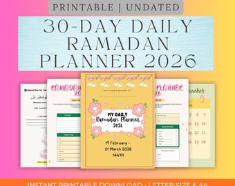 Planificador diario sencillo de Ramadán 2026: diario digital musulmán imprimible de 30 días para niños, principiantes y personas que ayunan por primera vez.