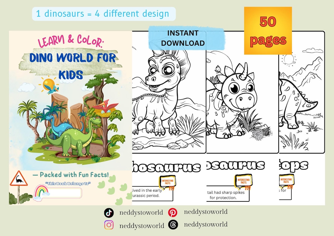 Dinosaur Coloring Book for Kids & Adults: 50 Printable Dino Pages ...