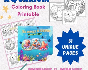 Libro para colorear de animales marinos de acuario para imprimir / 31 lindas páginas para colorear submarinas para niños / Actividad para colorear de vida marina, descarga PDF