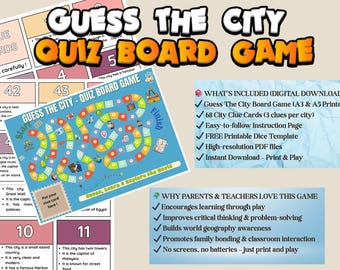 Juego de mesa "Adivina la ciudad" / Cuestionario de geografía mundial (imprimible)