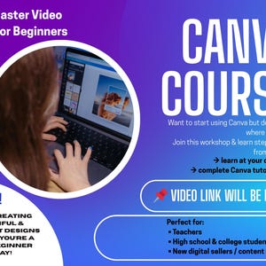 May include: A digital marketing graphic with the text "Canva Course" and "Canva Master Video Course for Beginners." The image includes a laptop and the words "Buy Now!" and "Video Link Will Be Provided."