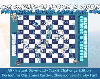 Serpientes y escaleras navideñas azules / Juego de mesa imprimible A5 (PDF)
