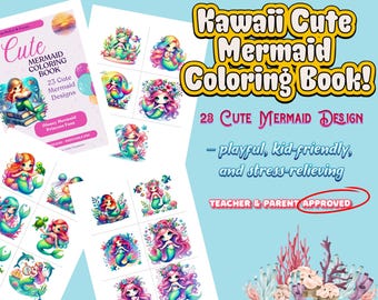 Libro para colorear de sirenas kawaii para niños / 23 páginas de princesas del océano chibi / Arte fantástico imprimible / Actividad para aliviar el estrés para niños