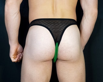 Men Thong - No Sweating - no tingling or skin irritation - green lining, Black Sports Thong, Men's Lingerie, Active Underwear