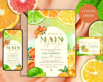 Könnte beinhalten: Ein Satz von drei druckbaren Babyparty-Einladungen mit einem Zitrus-Thema. Die Einladungen zeigen Aquarell-Illustrationen von Zitronen, Limetten, Orangen und Blumen. Der Text auf den Einladungen lautet "Mama's Main Squeeze" und enthält den Namen "Jane Anderson" sowie das Datum und die Uhrzeit der Party. Die Dankeskarte hat ein ähnliches Design mit dem Text "Danke".