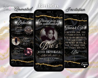 Digital Birthday Dinner Invitation, Birthday Dinner, Black Glam Digital Birthday Party Invite, Editable Birthday Template, Birthday Party