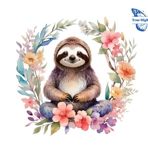 Cute Watercolor Sloth PNG Clipart. Sloth in Colorful Flower Wreath. Exotic Animal Lover, Sloth Lover PNG. Sloth Sublimation Clip Art.