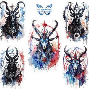 Puede incluir: Seis ilustraciones de acuarela de una figura de cabra con cuernos y un pentagrama. Las figuras están en varias poses y tienen cuernos y pelaje de diferentes colores. El fondo es una acuarela de azul, rojo y blanco.
