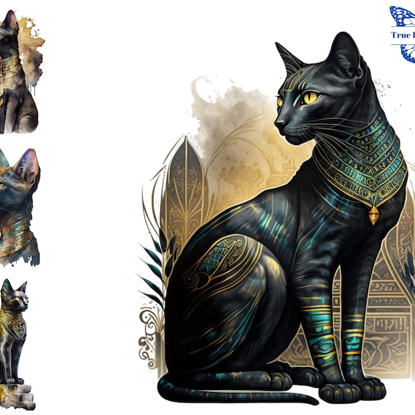 10 Watercolor Egyptian Bastet Clip Art bundle, Bast Clipart. Ancient Egyptian Bastet PNG. Black Cat Sublimation. Printable Bastet Images.