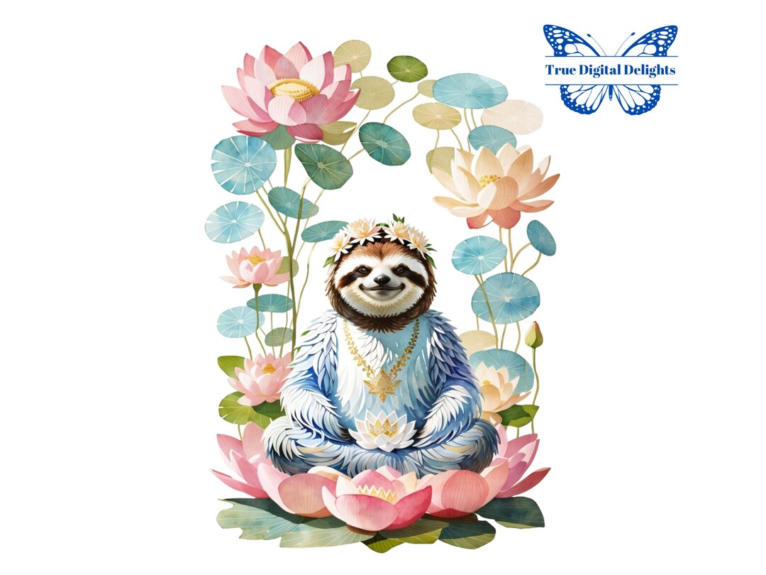 Watercolor Yogi Sloth PNG Clipart. Funny Meditating Spiritual Sloth in