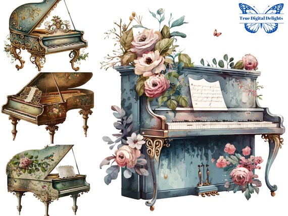 Watercolor Victorian 19th Century Ornate Classical Pianos PNG. Fancy Grand Upright Pianos w Flowers Clipart. Music Piano Teacher Clip Art