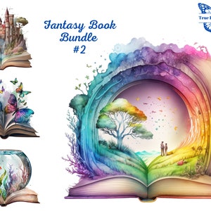 Aquarell Fantasy Bücher Clip Art, Offenes Buch/Magische Bücher PNG, Buchliebhaber/Leichtigkeit Clipart. Regenbogen, Wildblumen, Schloss, Schmetterling & Mehr.