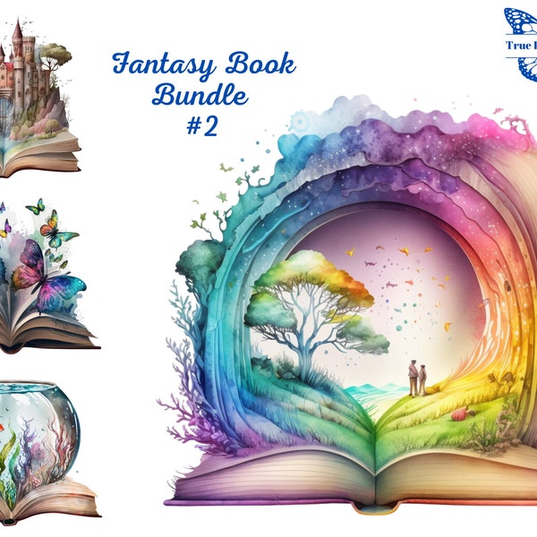 Watercolor Fantasy Books Clip Art, Open Book/Magic Books PNG, Book Lover/Bookish Clipart. Rainbow, Wildflowers, Castle, Butterfly & More.