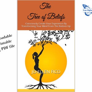 Può includere: Copertina del libro con il titolo "The Tree of Beliefs" e il testo "Crea Consapevolmente la Tua Esperienza Trasformando la Tua Mente Dal Basso Verso l'Alto." Una silhouette di una persona che raggiunge un albero contro un sole giallo. Include "File PDF scaricabile e stampabile di 66 pagine."