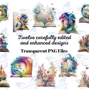 12 Aquarell Fantasy Bücher Clipart. Offenes Buch/Zauberbuch druckbare ClipArt. Buchliebhaber, Schlösser, Wildblumen, Schmetterlinge, Regenbogen PNG.
