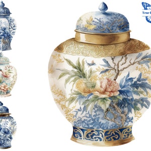 10 aquarel chinoiserie gemberpot illustraties. Delfts blauw bloemen, vintage Delfts clipart. Afdrukbaar, kieskeurig, junkjournal, commercieel gebruik