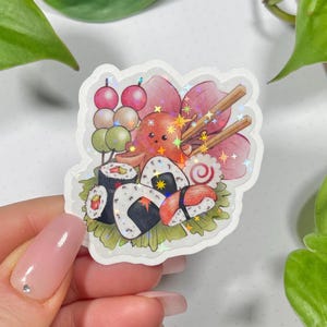 Glitzer Sticker, Kawaii Japanisches Essen, Illustration, Sakura Kirschblüte, Laptop Sticker, Sushi, Onigiri, für Bullet Journal, Japan Fan