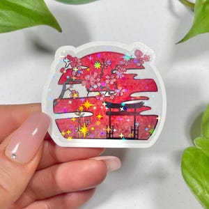 Glitzer Sticker Holo Japan Torii Sonne, japanisches Design, Kirschblüte, Sakura, Kawaii, Laptop Sticker, für Bullet Journal, Japan Liebhaber