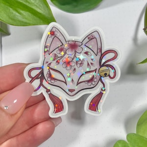 Sticker Glitzer Japan Design, Fuchs, Kawaii, Anime, Kirschblüten, Kitsune Maske, Laptop, Handy Aufkleber, Bullet Journal, Planner, Kalender