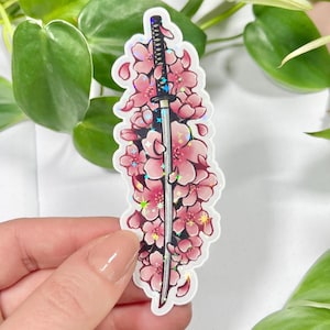 Glitzer holo Sticker Sakura Kirschblüten, Anime Manga Samurai, Katana Schwert, Japan, Laptop, Aufkleber, Bullet Journal, Planner, Kalender