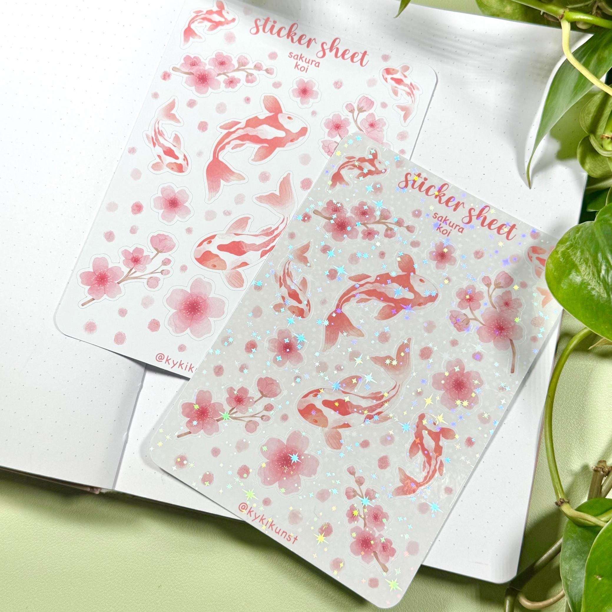 Koi & Cherry Blossom Sticker Sheet – 12 Stickers in Glitter or Matte ...