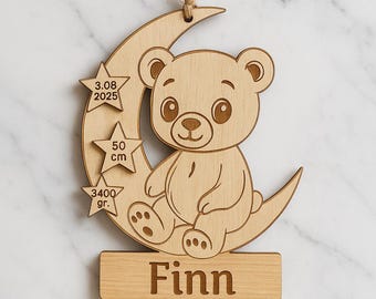 Personalized wooden sign as a gift for birth – Teddy on the moon with name & birthday gift – Baby gift – Christening gift