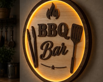 Wooden bar sign with 3D effect and LED lighting. Wall sign for barbecue area and kitchen, ideal as a gift. Customizable to your liking.