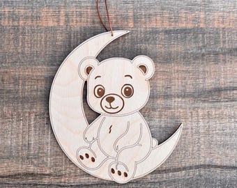 Wooden decoration bear on the moon – children's room hanging decoration made of birch wood with leather cord – baby room gift for birth