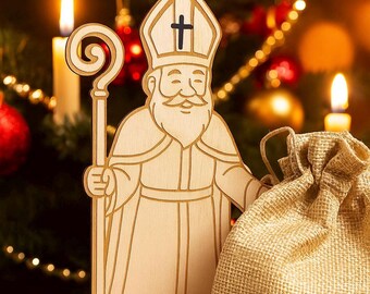 Wooden Santa Claus with jute sack – Christmas decoration to fill | Wooden figure on a disc | Gift idea for St. Nicholas Day & Christmas