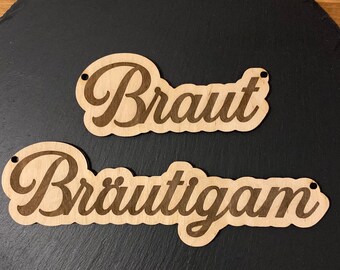 Set of wedding decorations 1x groom and 1x bride chair signs. approx. 16 cm and approx. 26 cm long and approx. 4-6 mm wide
