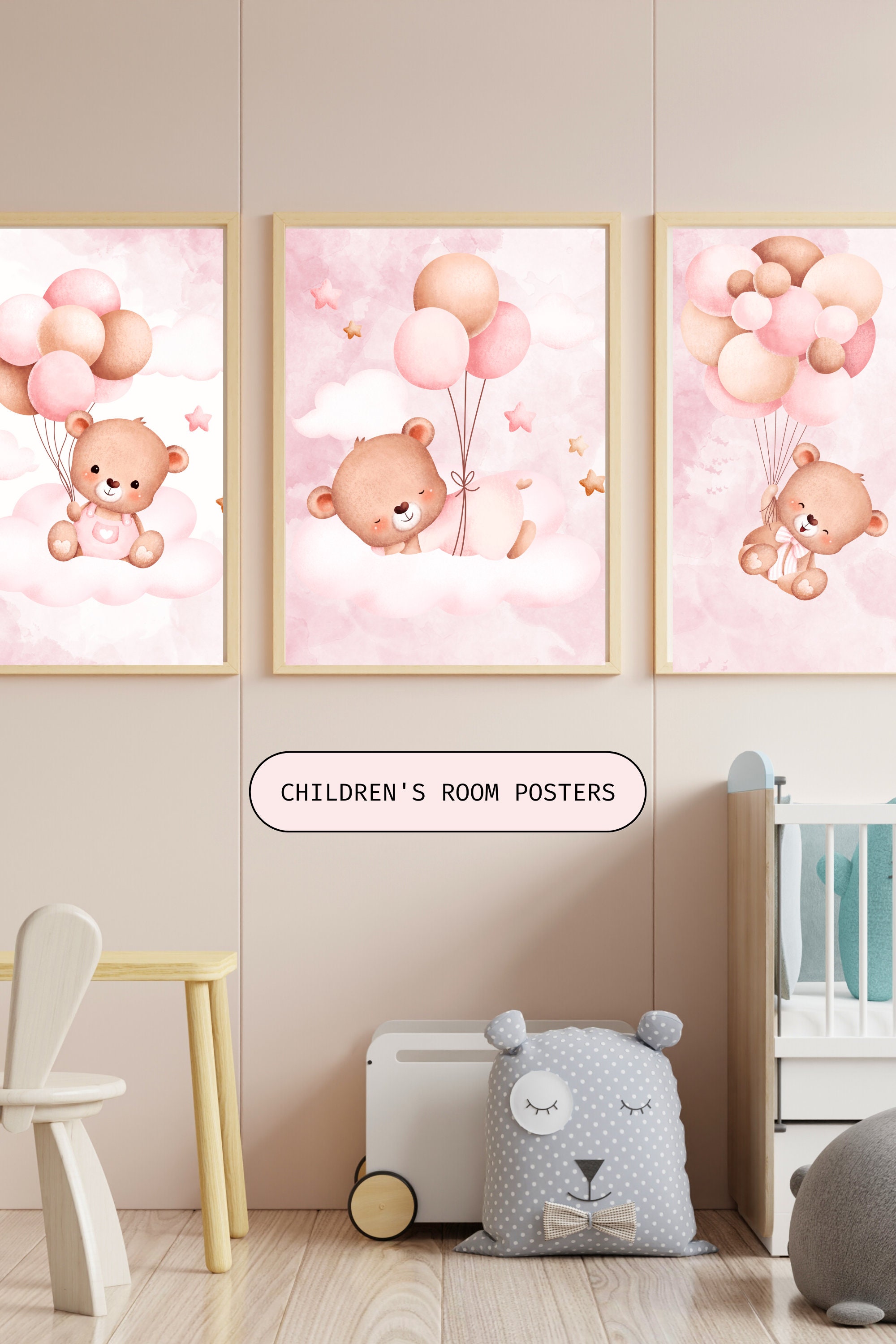 Set of 3 Pink Cute Teddy Bear Print,bear Nursery Decor,nursery Wall ...