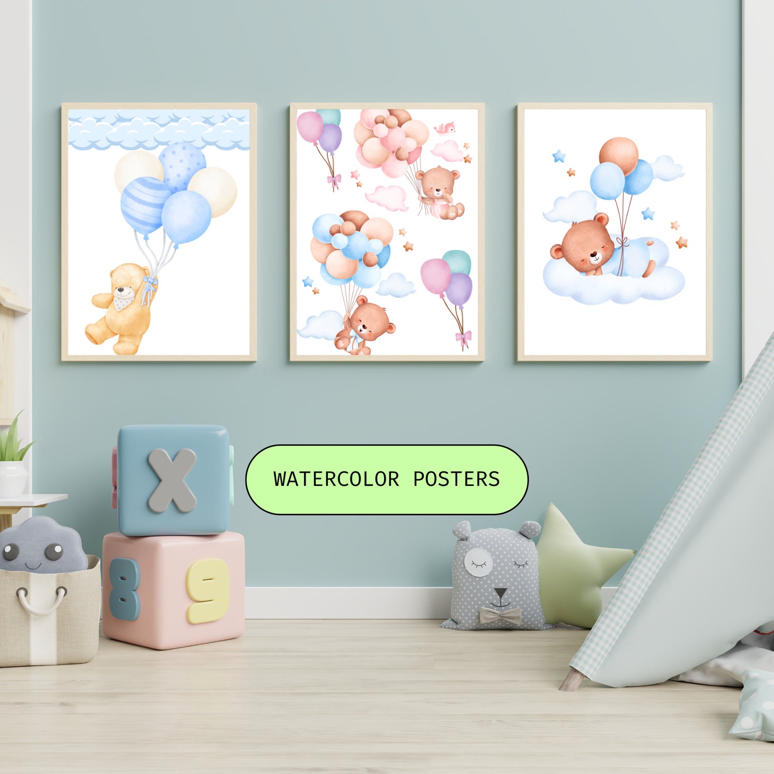 Set of 3 Teddy Bear Print,bear Nursery Decor,nursery Wall Decor,baby ...