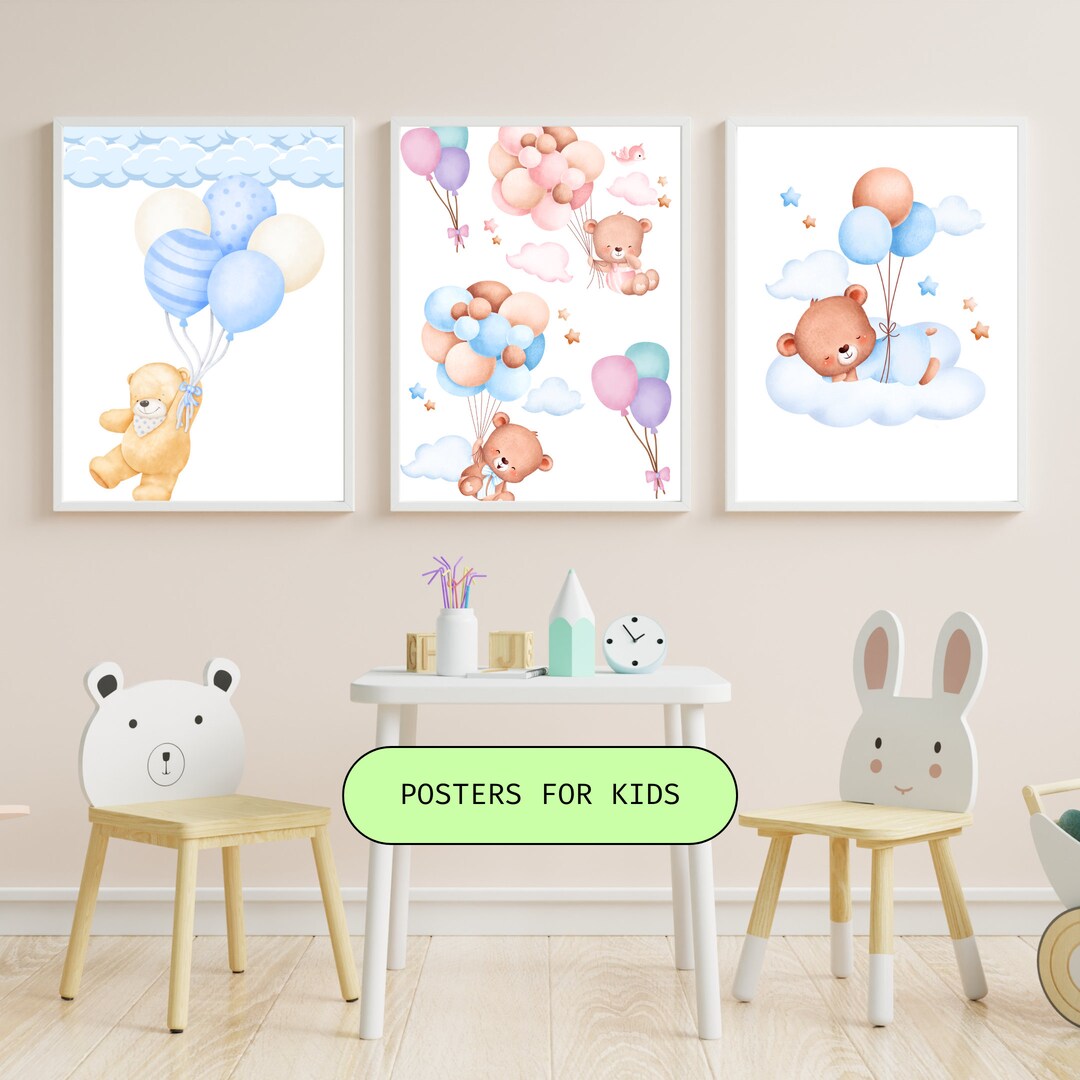 Set of 3 Teddy Bear Print,bear Nursery Decor,nursery Wall Decor,baby ...