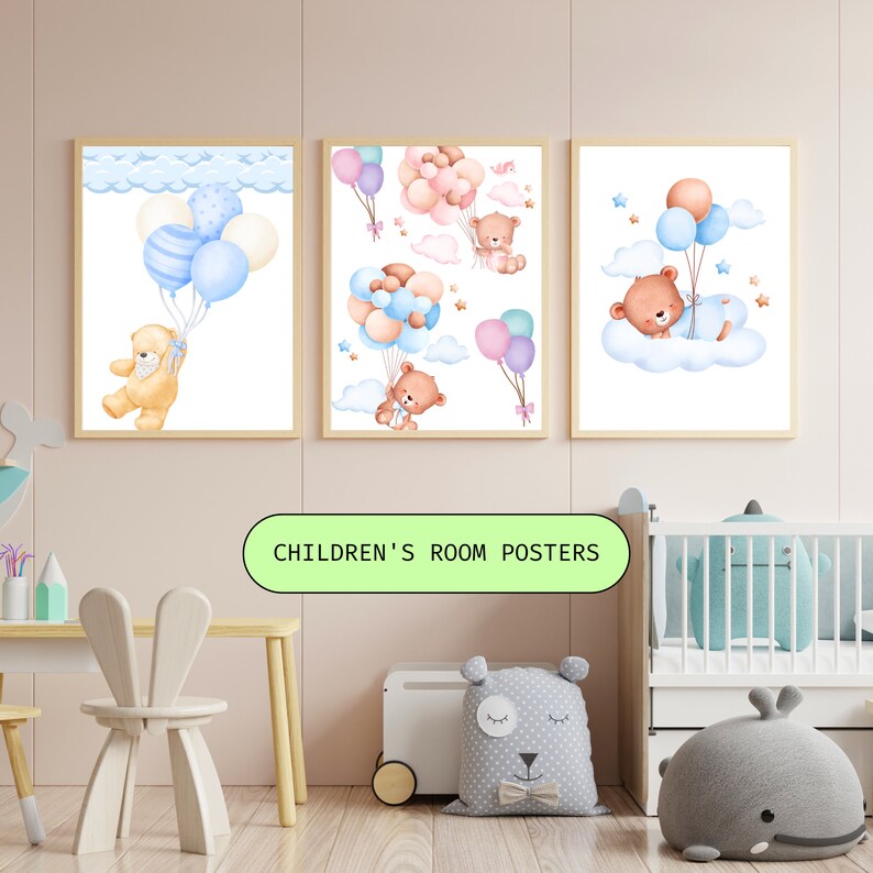 Set of 3 Teddy Bear Print,bear Nursery Decor,nursery Wall Decor,baby ...