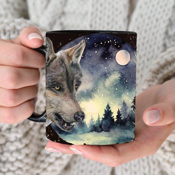 Tasse de loup, noir, animal d'esprit, cadeau, pleine lune, tasse en céramique de 11 oz