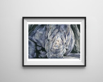 Limitowana edycja druku giclée z nosorożcem, sztuka ścienna z motywem dzikiej przyrody, sztuka z nosorożcem, dar duchowy