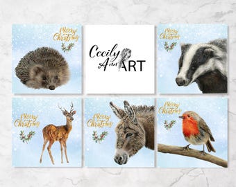 Pacote de cartão de Natal, Arte animal desenhada à mão, Presentes de Natal, Cartão de Natal em branco