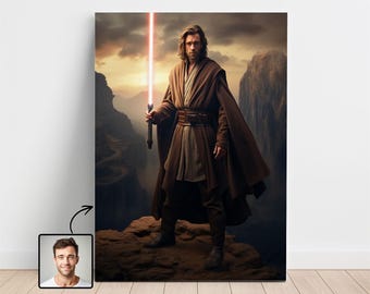 Individuelles Porträt eines Sci-Fi-Weltraumritters nach Foto, personalisierte Laserschwert-Kunst, Geschenk für Sie oder Ihn