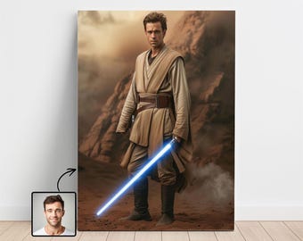 Individuelles Porträt eines Sci-Fi-Weltraumritters nach Foto, personalisierte Laserschwert-Kunst, Geschenk für Sie oder Ihn